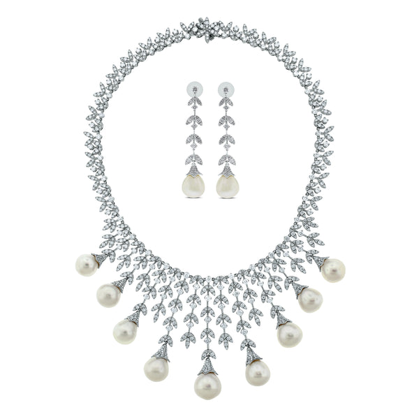 Diamond & Pearl Vines Suite (191.35 ct Pearls & Diamonds) in White Gold
