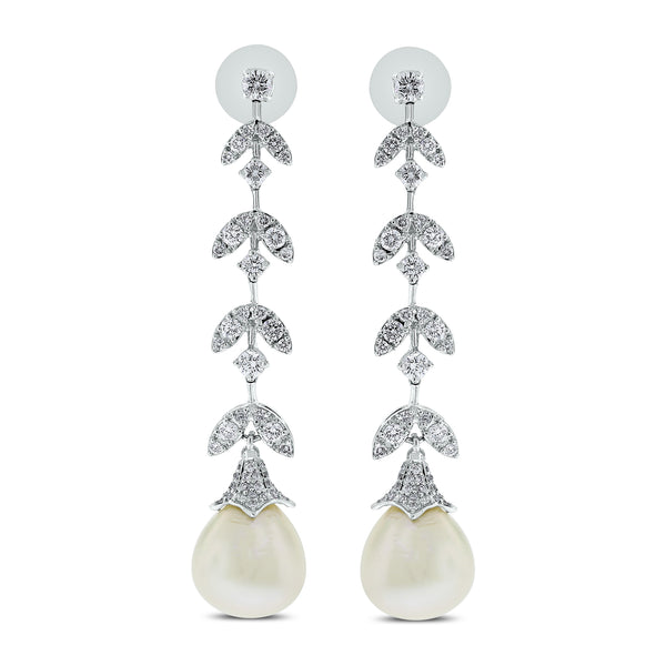 Diamond & Pearl Vines Earrings (35.29 ct Pearls & Diamonds) in White Gold
