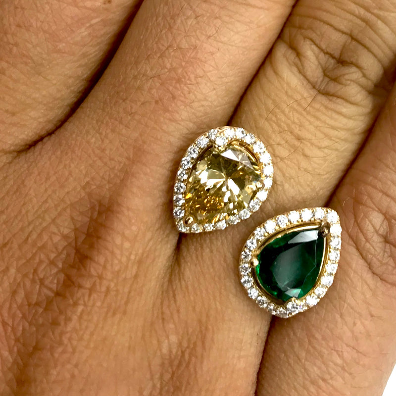 Beauvince 2 Way Peek a Boo Ring (3.88 ct Emeralds & Diamonds) in Yellow Gold