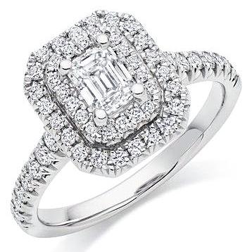 Double Halo Engagement Ring (1.00 ct Emerald Cut FVS1 GIA Diamond) in White Gold