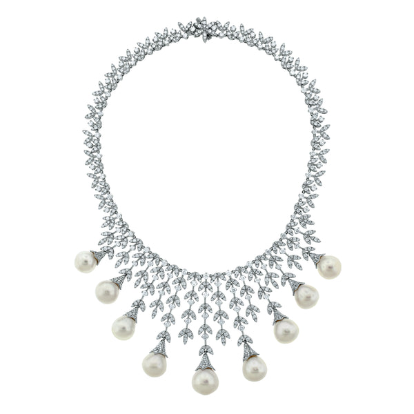 Diamond & Pearl Vines Necklace (156.06 ct Pearls & Diamonds) in White Gold