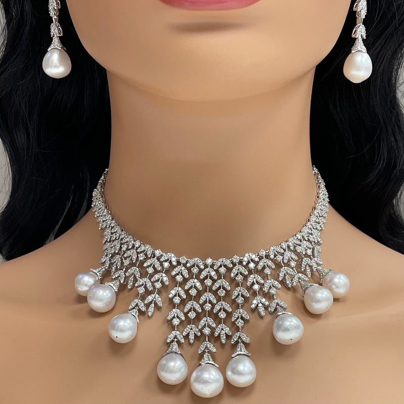 Diamond & Pearl Vines Necklace (156.06 ct Pearls & Diamonds) in White Gold