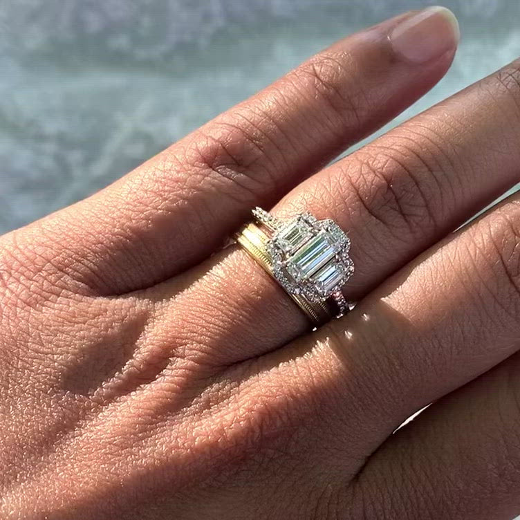 50-Pointer Emerald Cut Solitaire Halo Diamond 18K Rose Gold Solitaire