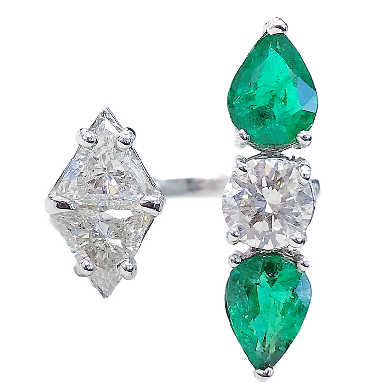 Peek-a-Boo Diamonds & Emeralds Shapes Ring (3.73 ct Emeralds & Diamonds) in White Gold