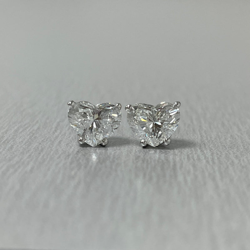 Heart Shape Solitaire Diamond Studs (2.01 ct HS H-I SI GIA Diamonds) in White Gold