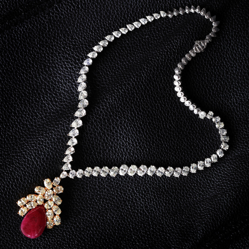Beauvince Bloom Necklace & Earrings Suite (150.45 ct Rubies & Diamonds) in Gold