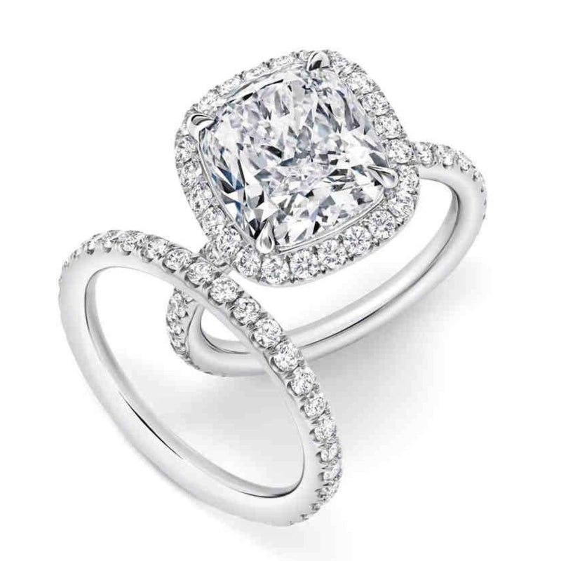 Halo Engagement Ring Bridal Set (2.01 ct Cushion ISI1 GIA Diamond) in White Gold